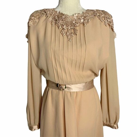 Vintage 80s Pleated Chiffon Midi Dress M Pink Embroidered Applique Satin Belt - Picture 1 of 11